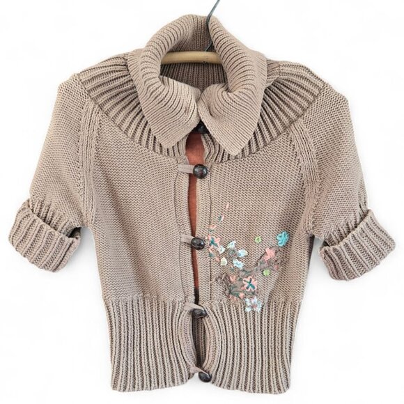 Free People Womens Knit Cardigan Embroidered Floral Beige & Coral Lined Size M - Picture 2 of 8
